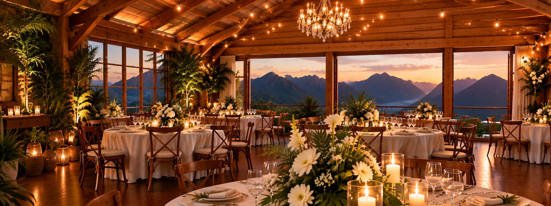 Salle de réception en bois avec tables décorées et montagnes en arrière-plan